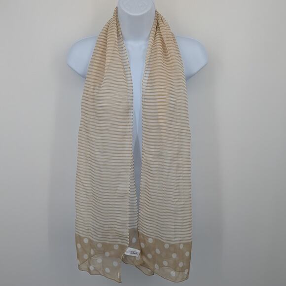 Talbots 100% Silk Striped & Polka Dot Scarf Beige White Made in Japan Timeless - Picture 2 of 6